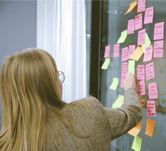 Woman placing post-it notes on the wall