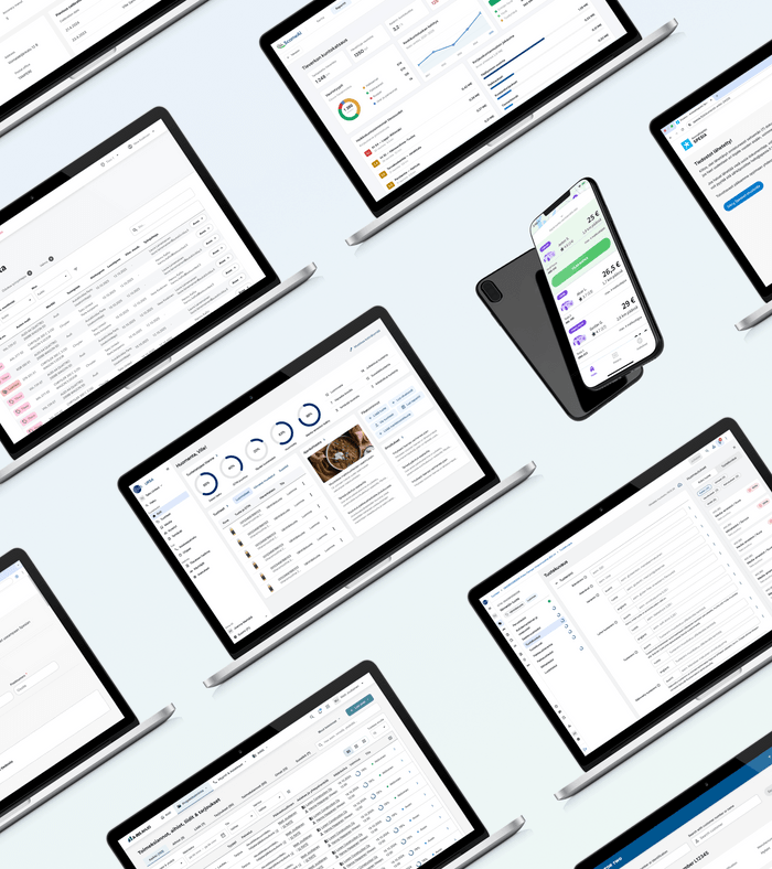Laptop, tablet and phone screens showing prototype screenshots